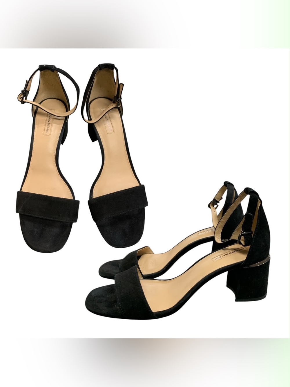 ANTONIO MELANI Black Suede Ankle-Strap Block Heel Sandals S8.5